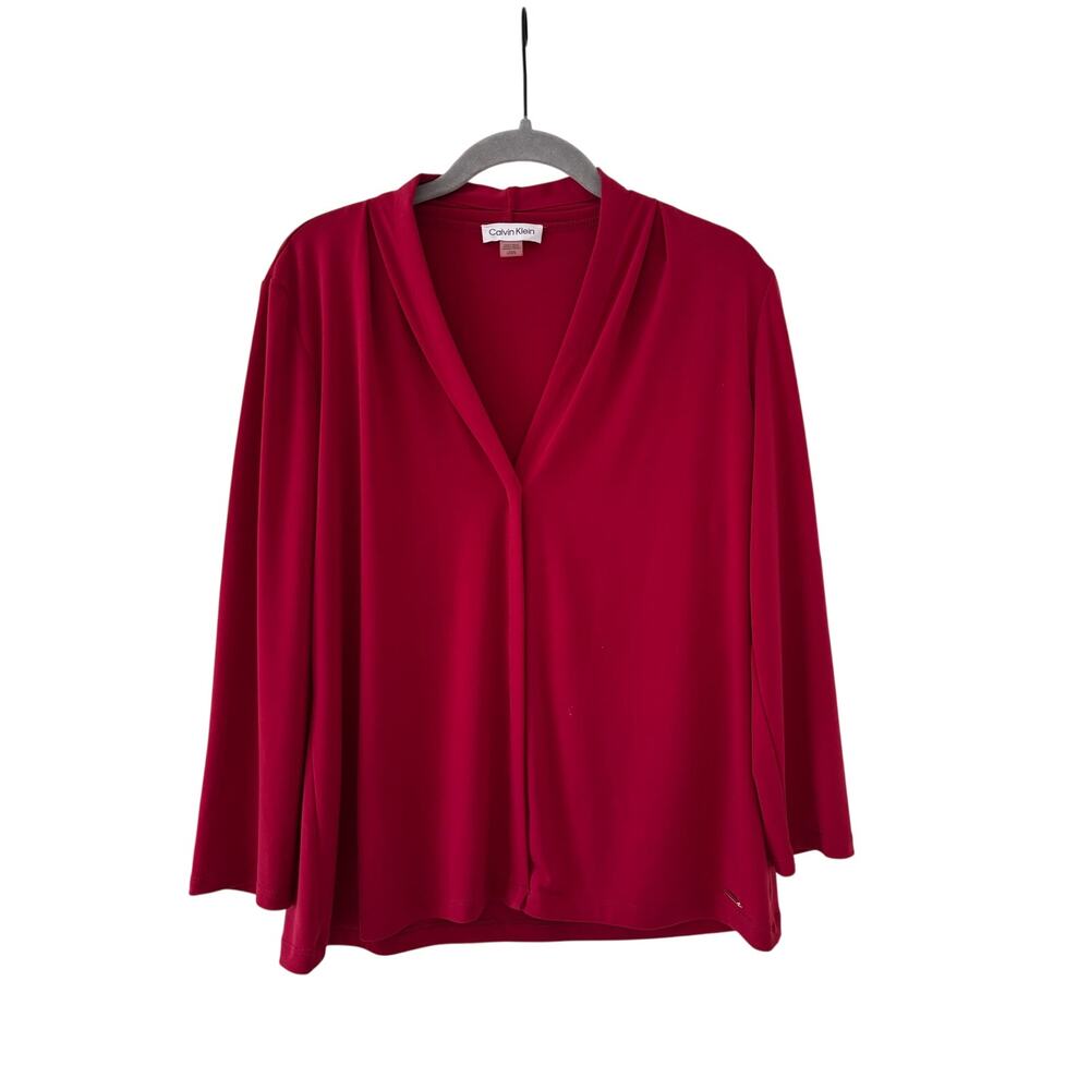 Calvin Klein Womens Red V Neck Blouse Top Long Sleeve Stretch Career Office - Picture 1 of 8
